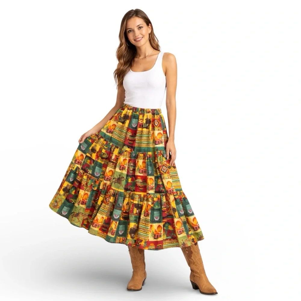 Vintage Camille Oliver Southwestern Western Tiered Maxi Skirt USA - Picture 3 of 6